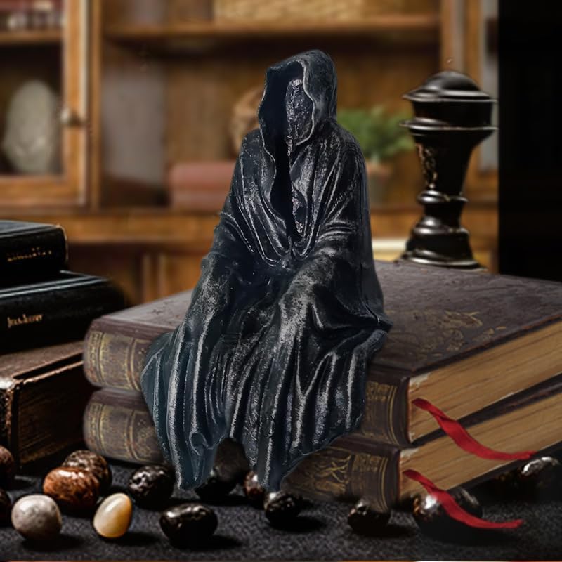 Grim Reaper Statue, Resin Gothic Throne Suriel Statue, Goth Acotar Bookshelf Decor Figurine Fantasy, Small Black Ghost Shelves Figure for Halloween Home Garden Sculpture (Death Sculpture)