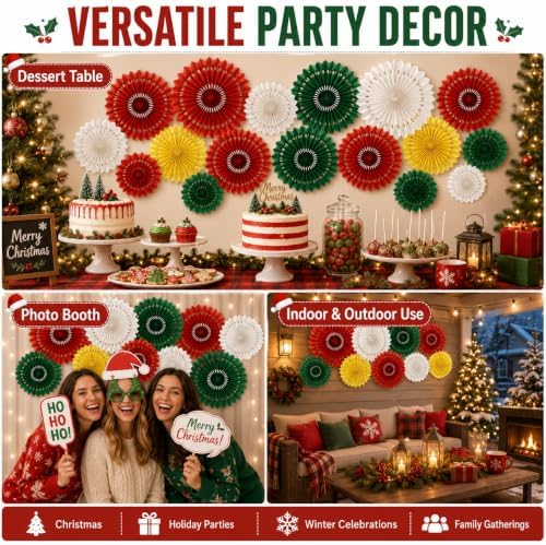 Christmas Hanging Honeycomb Round Paper Fans Decoration Winter Theme Tissue Paper Fan Garland for Shower Birthday Graduation Wedding Party Supplies 11 Count