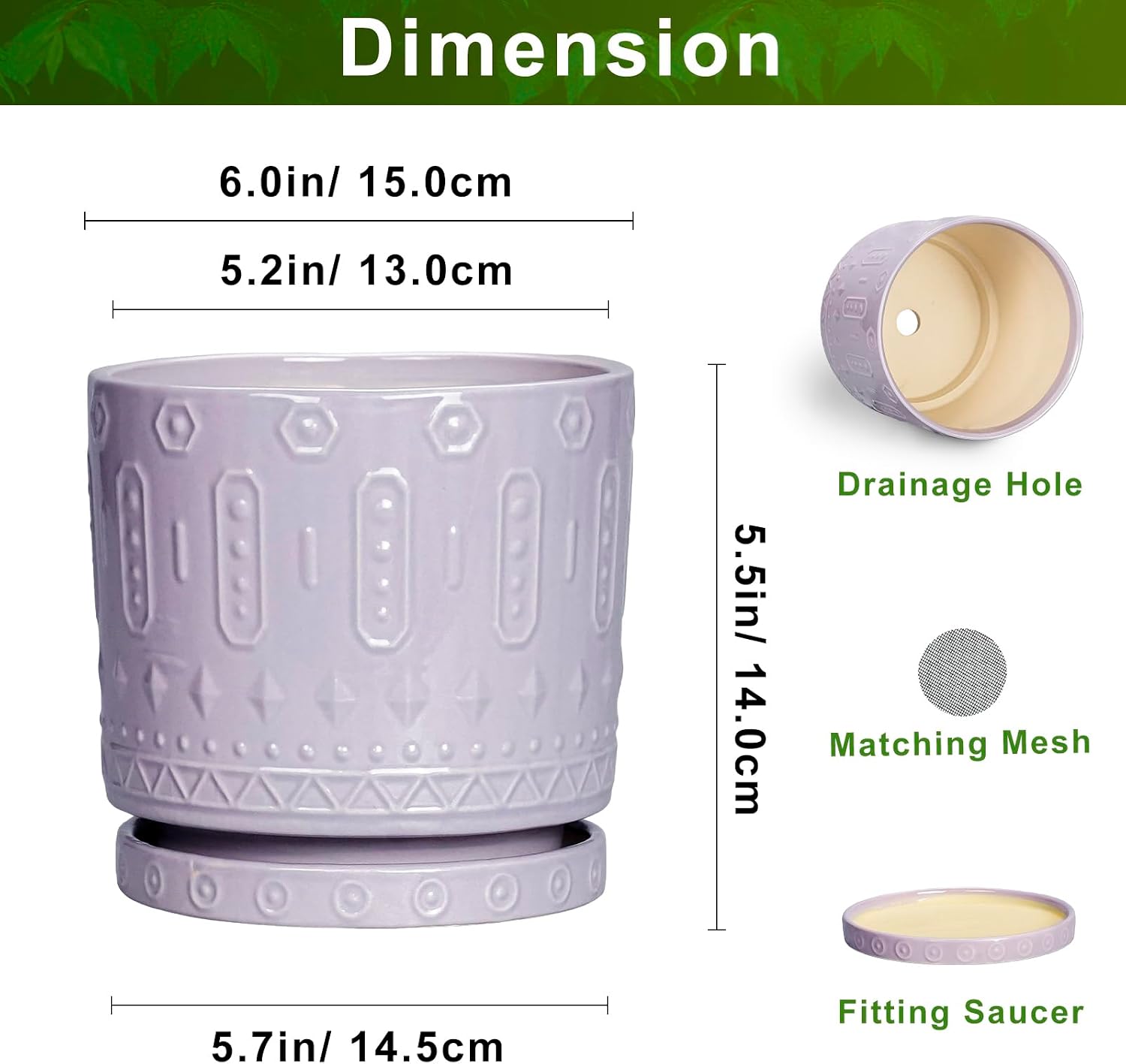 Eightpot Ceramic Pots for Plants, 6 Inch Plant Pot for Indoor Outdoor Plants, Round Planter with Drainage Holes and