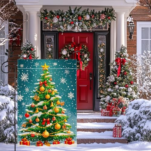 Winter Christmas Tree Garden Flag for Outside, Snowflake Xmas Ball Welcome Christmas Yard Flag 12x18 Inch Double Sided Burlap Holiday Farmhouse Home Decoration Outdoor Flag