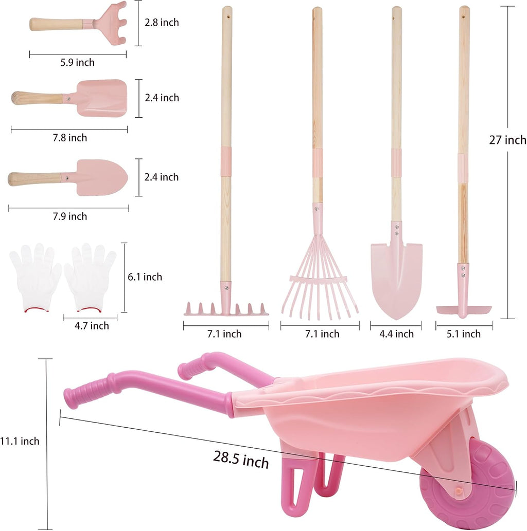 Kids Gardening Set with Wheelbarrow Birthday Gifts | Metal Kid Gardening Tools Set with Long Handle Tool, Hand Tool &