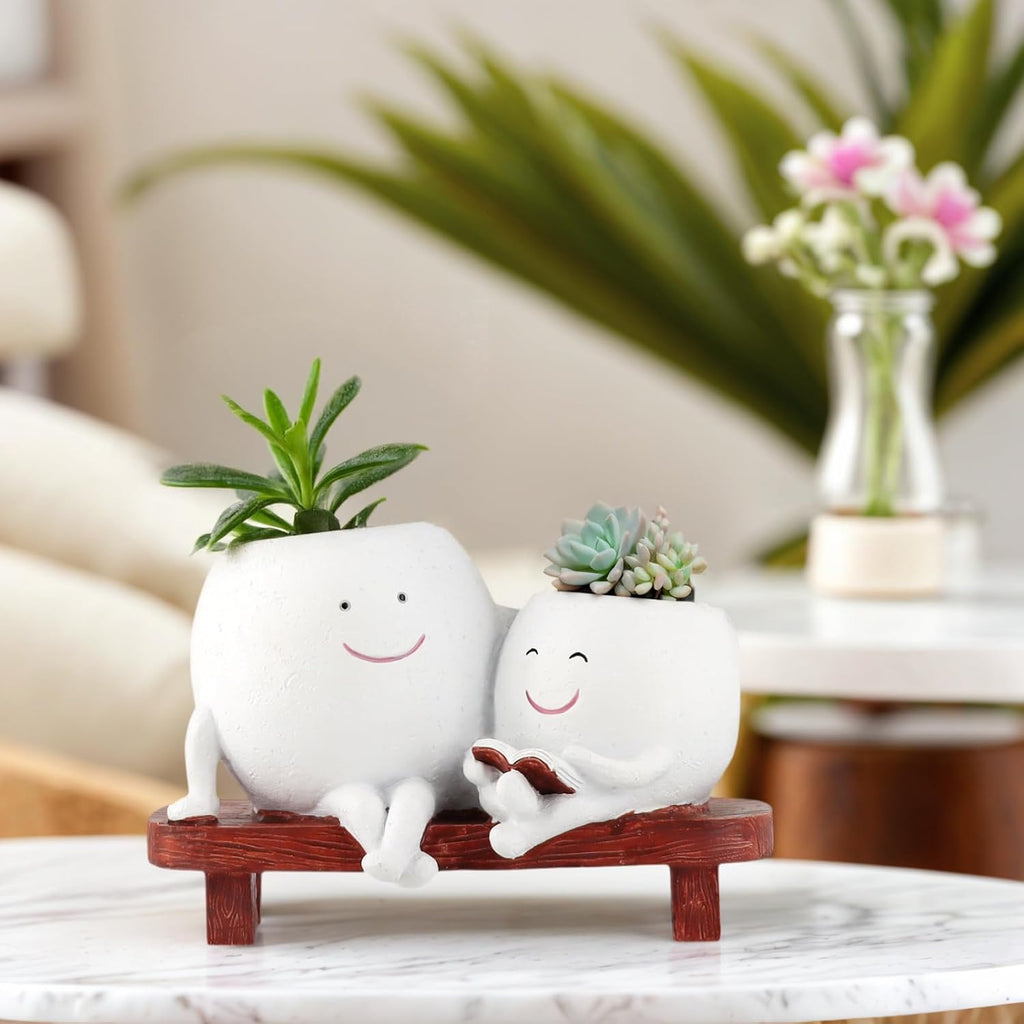 Meltset Cute Face Planter Pot - Funny Double Head Planter Sitting on Bench, Smiley Succulent Pot with Drainage Indoor
