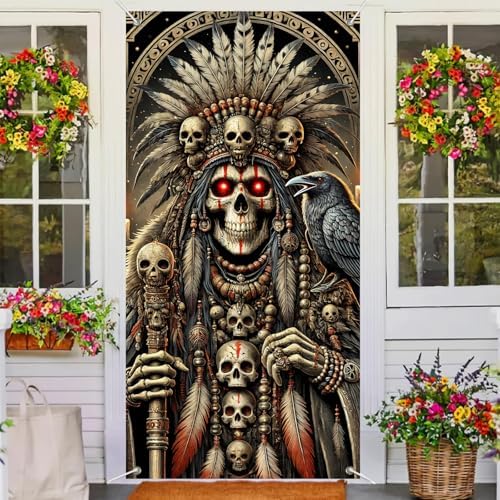 BlissYard Halloween Skeleton Shaman Door Cover 35x71 Inch Fabric