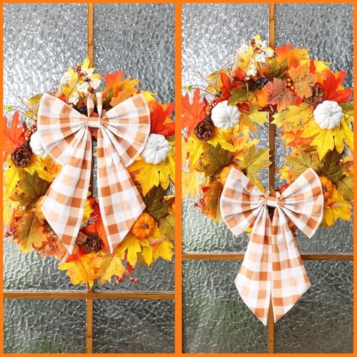 Suncalla 2 Pcs Orange Fall Plaid Wreath Bows 18'' x 12''