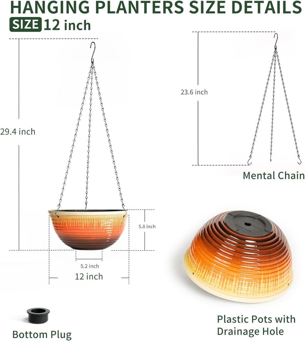 12 inch Large Hanging Planters with Drainage Hole, 2 Pack | Ceramic Look, Hanging Flower Pots for Indoor Outdoor