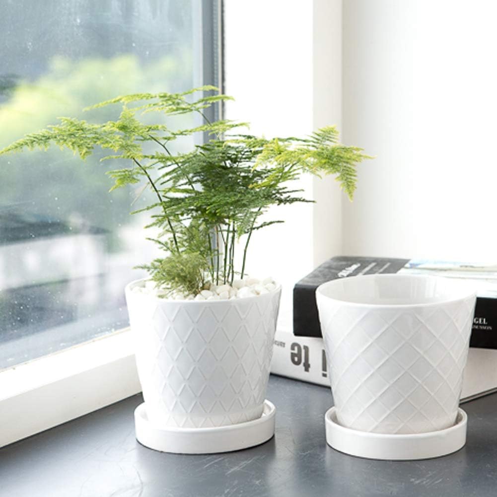 BUYMAX 5in Ceramic Flower Pots Set of 4 Plant Pot with Drainage Hole | 4 Unique Pattern Designs | Fits Most Indoor