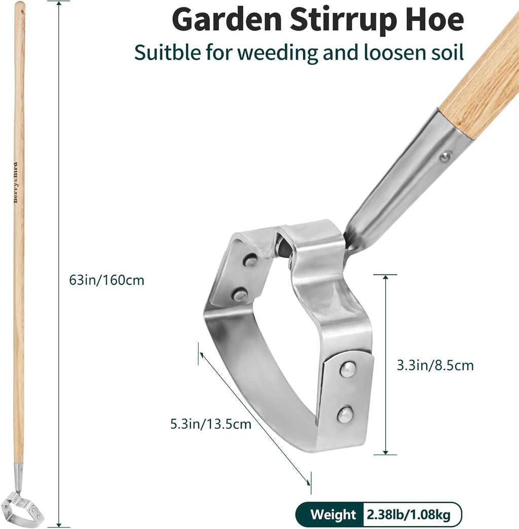 Berry&Bird Action Hoe, 63'' Stainless Steel Hula Stirrup Hoe, Wooden Grip | Dual-edge stainless steel loop blade