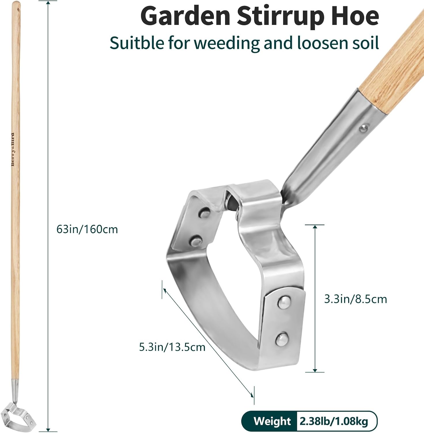 Berry&Bird Action Hoe, 63'' Stainless Steel Hula Stirrup Hoe, Wooden Grip | Dual-edge stainless steel loop blade