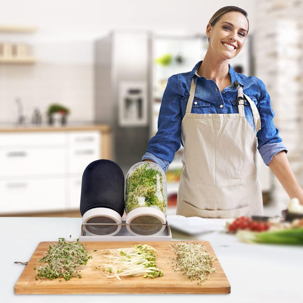 Complete Sprouting Jar Kit| 2 Wide Mouth Mason Jars, 316 Screen Sprout Lids, Blackout Sleeves, Tray, Stand| Sprouter