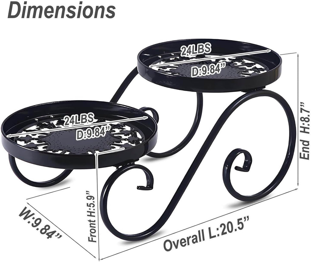 2 Tier Black Plant Stand, Metal Flower Stand Indoor Outdoor | Anti-Rust Iron Plant Shelf, Round Flower Pot Stands for