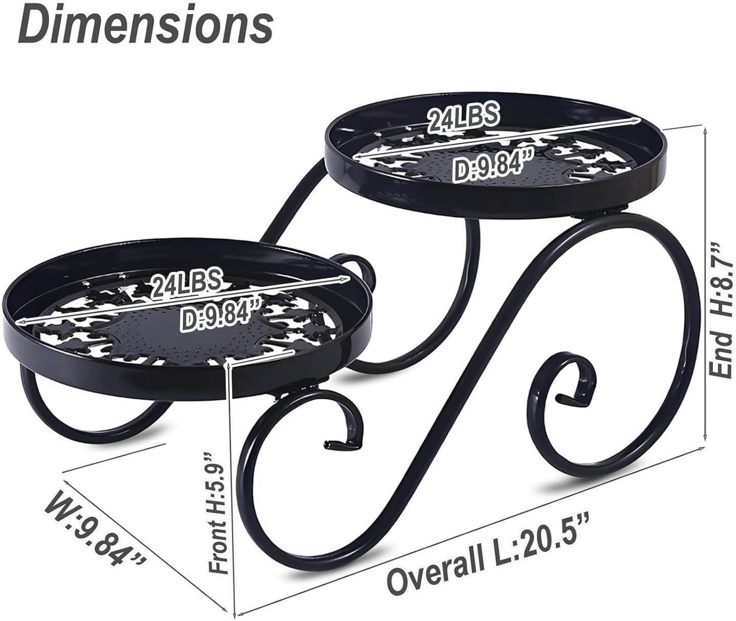 2 Tier Black Plant Stand, Metal Flower Stand Indoor Outdoor | Anti-Rust Iron Plant Shelf, Round Flower Pot Stands for