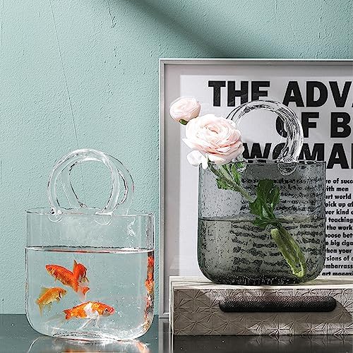 Glass Vase with Elegant Purse Design, Hand Purse vase with Fish Bowl, Unique Flower Vase with Handle and Bubbles - for Home Decor/Office/Garden/Wedding Decor/Enterpiece/Events(Light Pink)