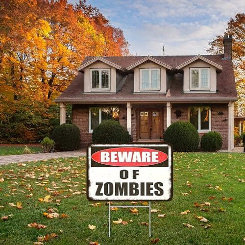 Large Beware of Zombies Danger Keep Out Halloween Yard Sign Home Outdoor Lawn Decoration With Stakes Scary Spooky Decor 17x13 Inches (Zombies)