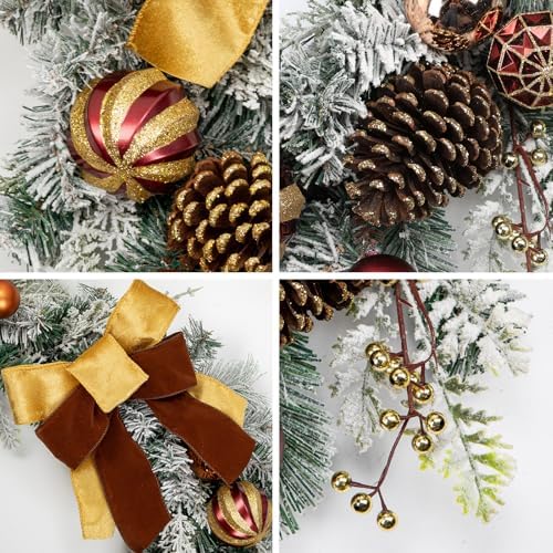 Christmas Garland for Front Door, 6 Foot Artificial Unlit Winter Garland with Pine Cones, Berry Clusters, Bronze Ball Ornaments and Ribbons for Thanksgiving Holiday Christmas Decoration