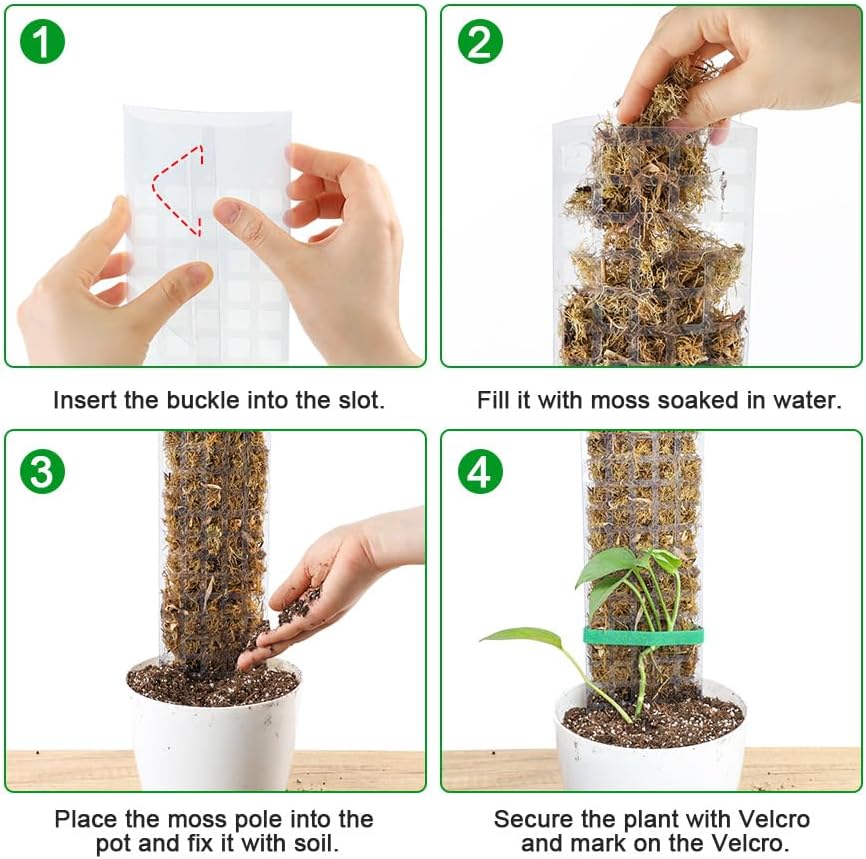 4-Pack 15-Inch Plastic Moss Poles for Monstera & Climbing Plants - Stackable to 60 Inches, Includes Sphagnum Moss &