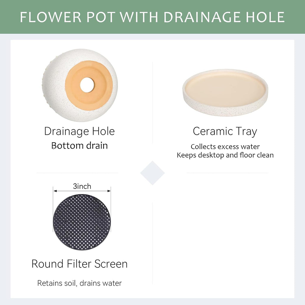 10.3 Inch Ceramic Glaze Plant Pot with Saucer, Flower Pots with Drainage Hole Mesh Net (Hemp-White)