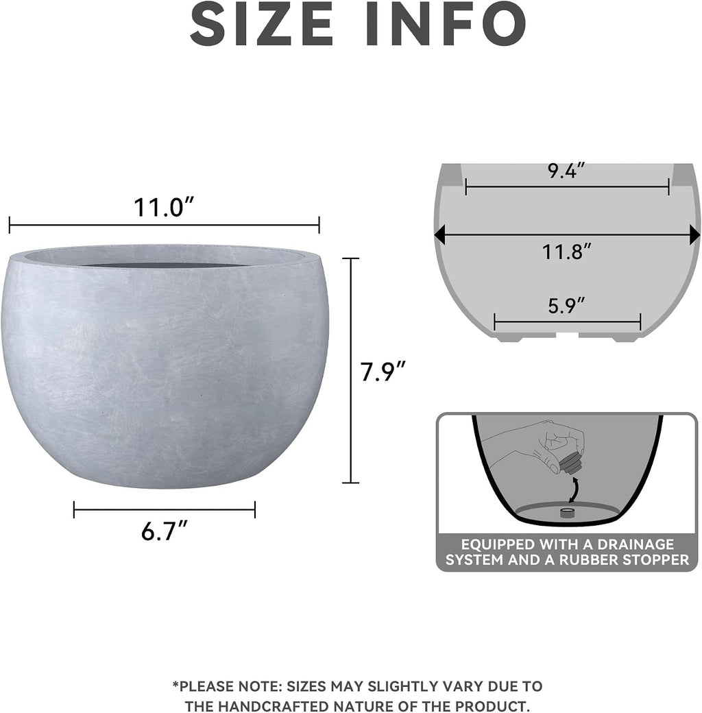 Kante Small Round Bowl Blue Gray Concrete Planter 11.8" Dia, Outdoor | Rubber Plug for Indoor, Drainage for Garden