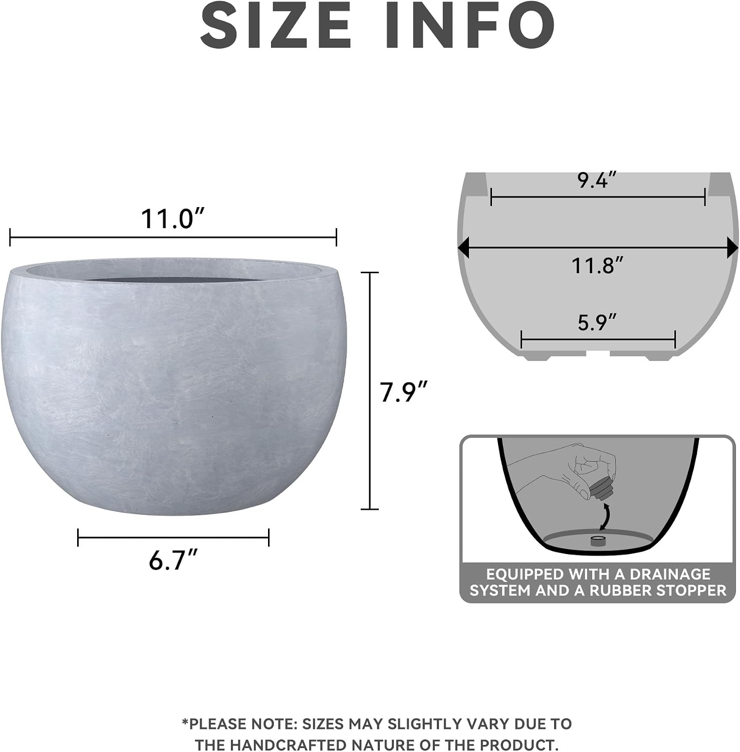 Kante Small Round Bowl Blue Gray Concrete Planter 11.8" Dia, Outdoor | Rubber Plug for Indoor, Drainage for Garden
