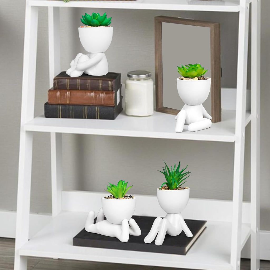 Set of 4 Artificial Succulents in Ceramic Pots, Cute Human Shaped Fake Plants for Shelves, Small Faux Plants for Office