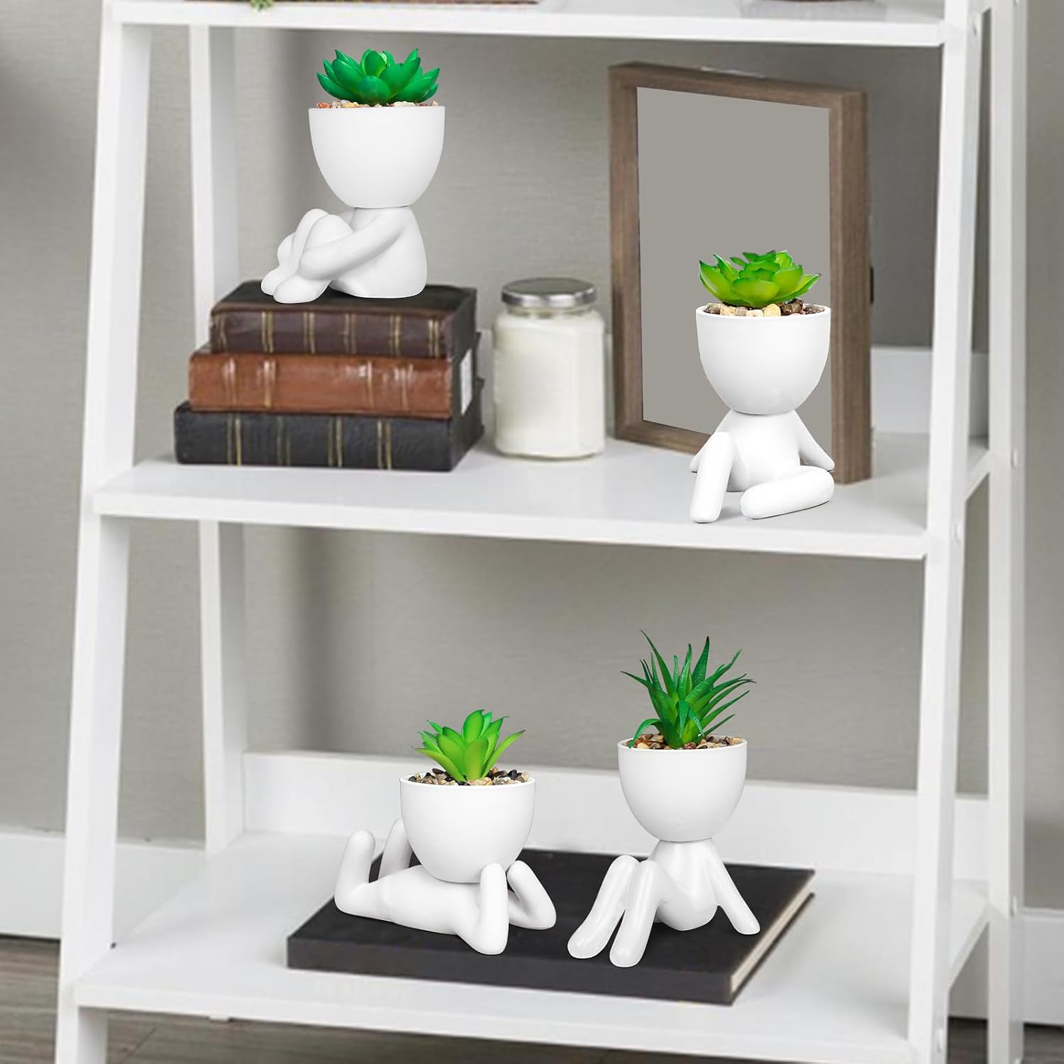 Set of 4 Artificial Succulents in Ceramic Pots, Cute Human Shaped Fake Plants for Shelves, Small Faux Plants for Office