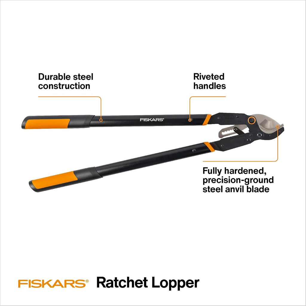 Fiskars 32" Ratchet Drive Garden Anvil Loppers, 2" Cut Capacity | Heavy-Duty Tree Trimmer for Thick, Dry, Dead