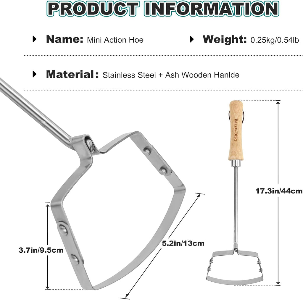 Berry&Bird Hula Weeding Hoe, 17.3'' Stainless Steel Stirrup Hoe Wood Grip | Dual sharp stainless steel blade, wood