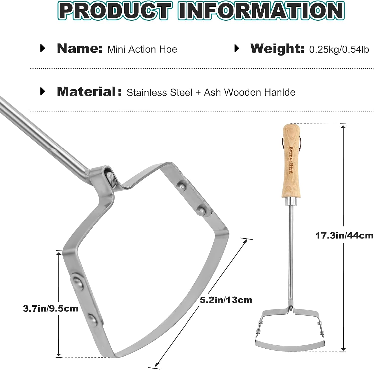 Berry&Bird Hula Weeding Hoe, 17.3'' Stainless Steel Stirrup Hoe Wood Grip | Dual sharp stainless steel blade, wood