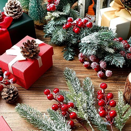 Lyrow 80 Pcs Christmas Picks Sprays, Snowy Berry Pine Branches,Red
