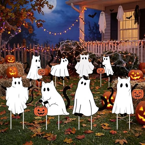 Rngmsi Halloween Yard Decorations Outdoor, 8PCS Halloween Outdoor Ghost Cat Yard Lawn Stakes, Cat Pumpkin Lawn Sign with Stakes Waterproof Halloween Garden Stakes for Outside Scary Spooky Decor
