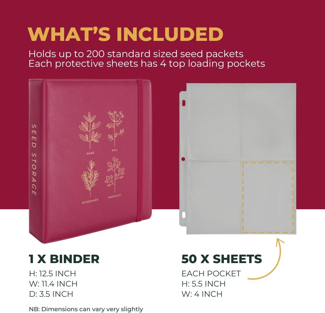 Wildgoose Seed Binder - Seed Packet Organizer, Storage Book, Raspberry | 50 sheet protectors hold 200 envelopes, garden