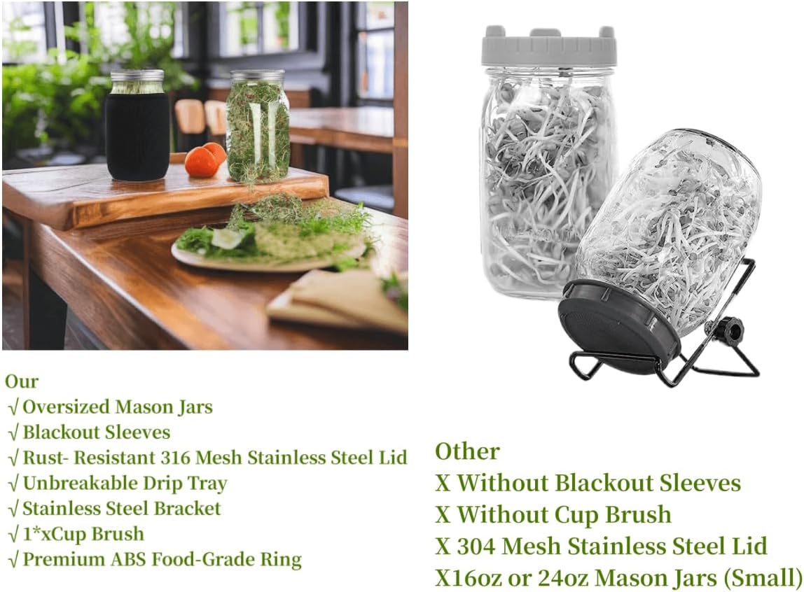 Lulonpon Sprouting Kit, 2 Sprouting Jar Kits, Wide Mouth Quart Mason Jars with Stainless Steel Screen Sprout