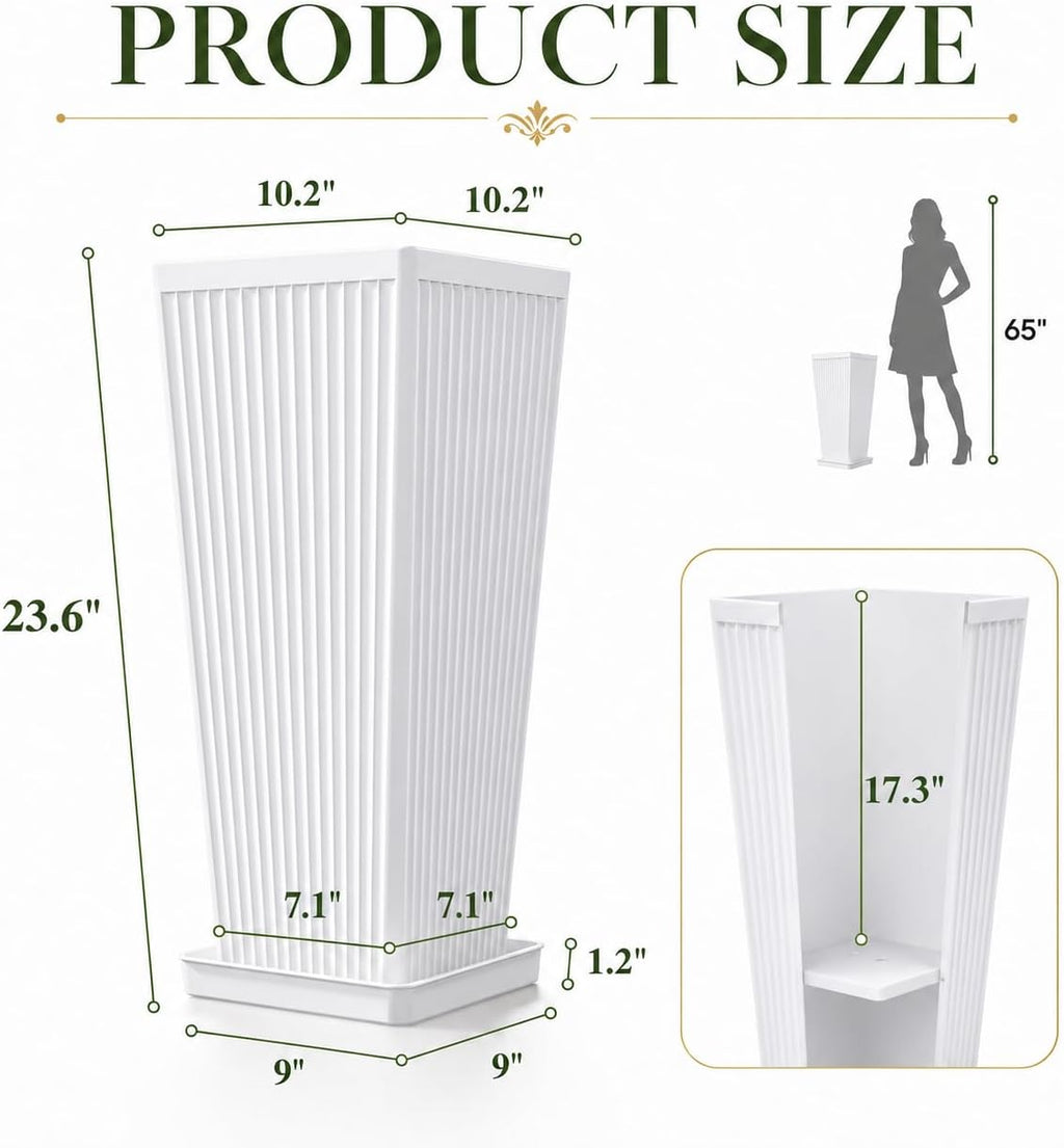 24" Tall Planters for Outdoor Plants Set of 2 Square Fluted,White | Textured Finishes Tapered Modern Large