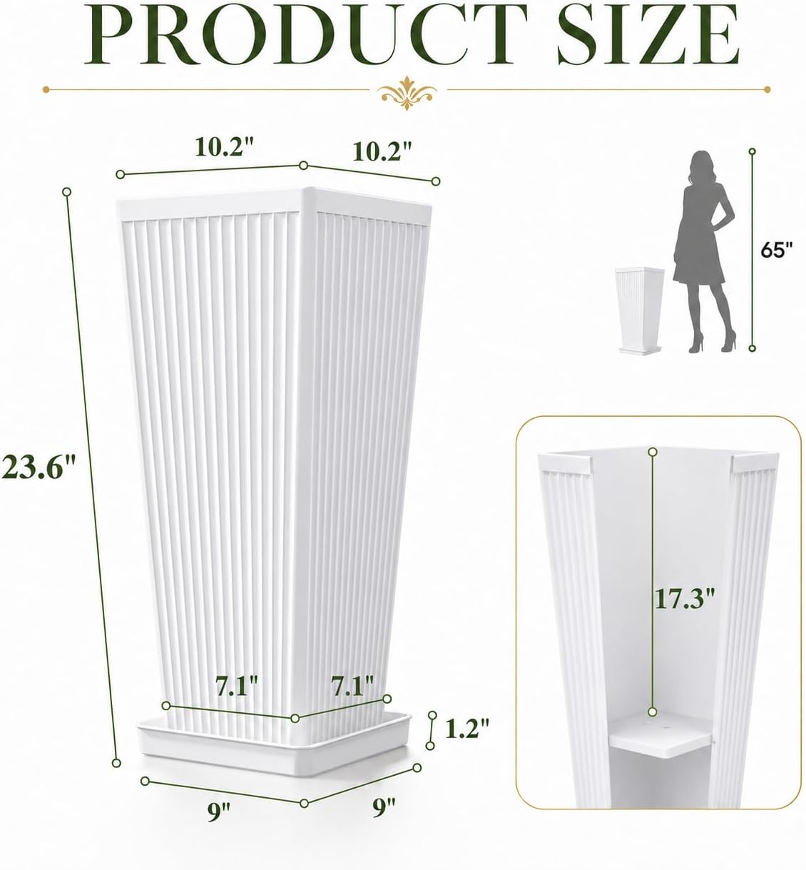 24" Tall Planters for Outdoor Plants Set of 2 Square Fluted,White | Textured Finishes Tapered Modern Large