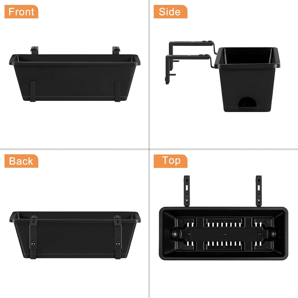 ETELI Railing Planter Hanging Planter Box with Brackets Set 6, Black | Adjustable with Drainage Holes for Deck Garden