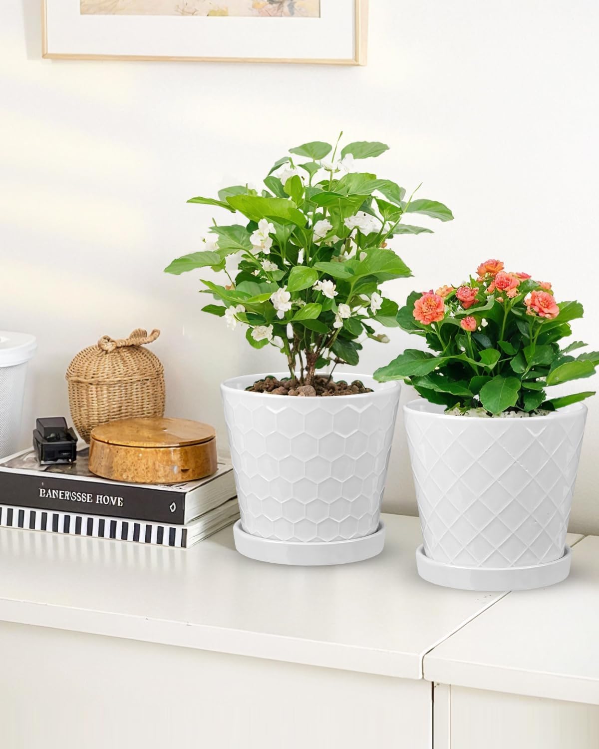 EFISPSS Ceramic Plant Pots, 6 Inch Pots for Indoor Plants, Planters with Drainage Hole and Saucer, Flower Pots Desktop