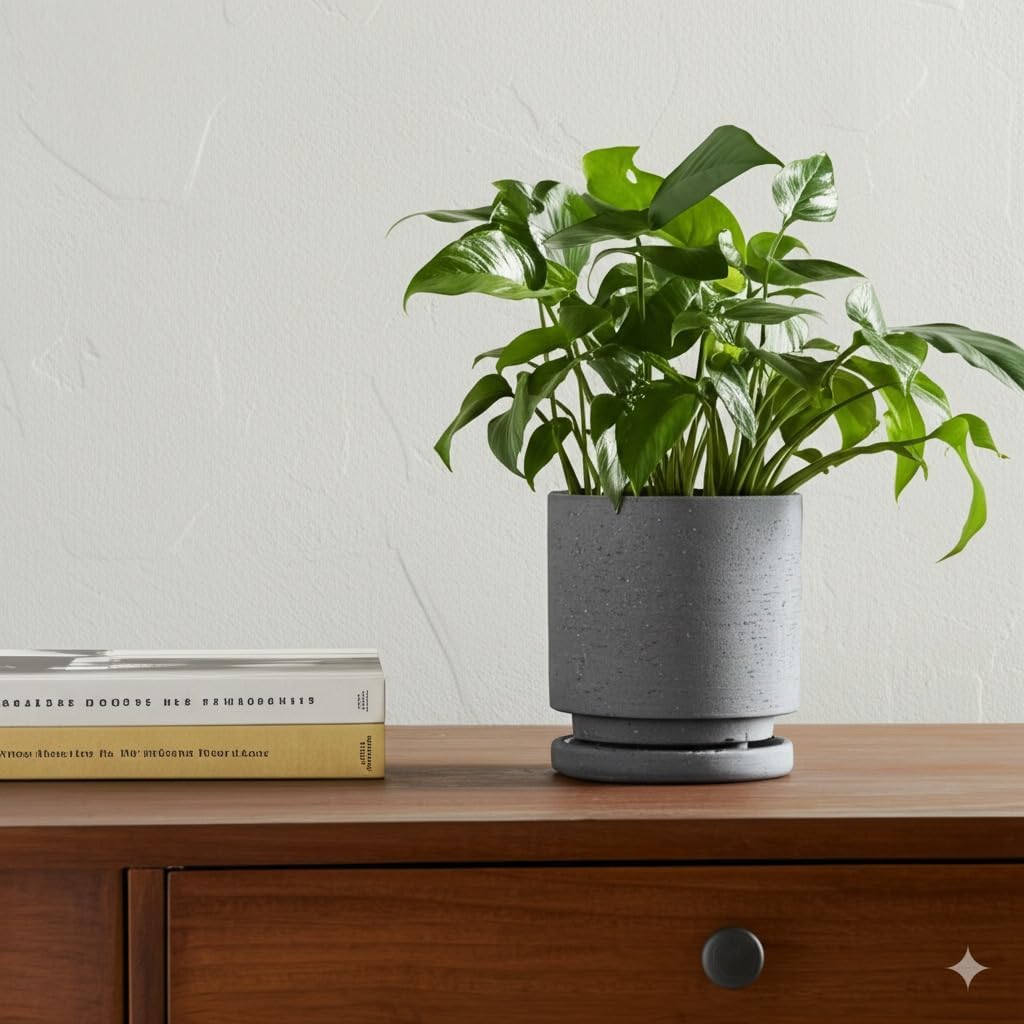 Nihow Ceramic Plant Pot Drainage Hole & Saucer for Indoor Plants, 5.7 Inch | Charcoal Gray, Cylinder Planters, Art