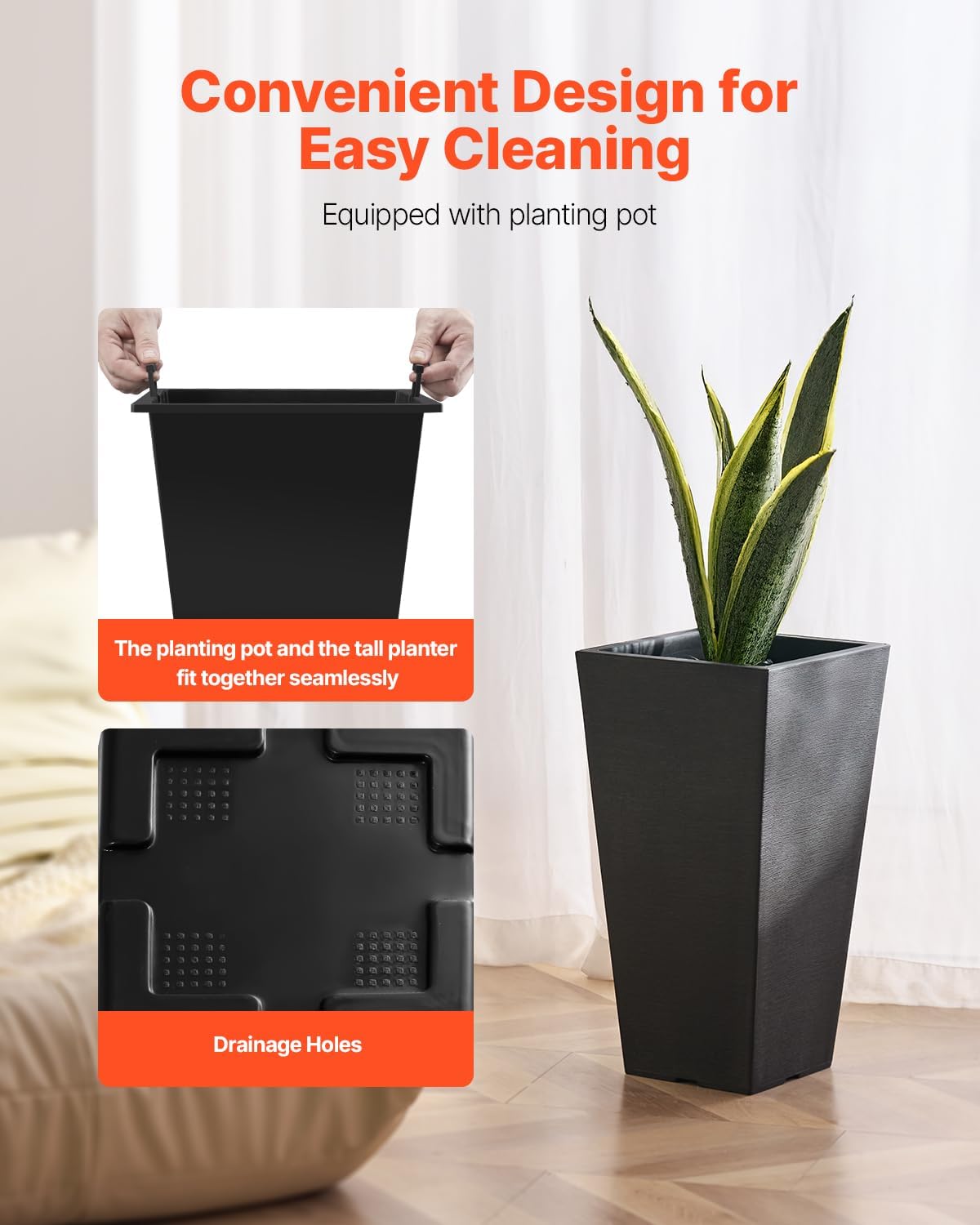 VEVOR Set of 2 Tall Outdoor Planters 22inch, Large Planters for Outdoor Indoor Plants, Black Front Porch Planter Flower