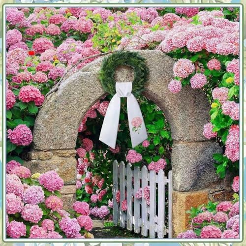 VitalCozy Wreath Sash for Front Door Pink Hydrangea Satin Embroidery