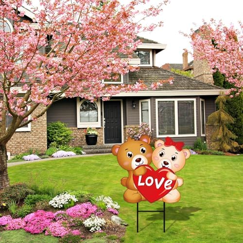 JarThenaAMCS Valentine' s Day Metal Garden Stake Welcome Yard Sign Bear Couple with Love Heart Decorative Lawn Sign for Wedding Anniversary Home Outside Lawn Porch Walkway Decor