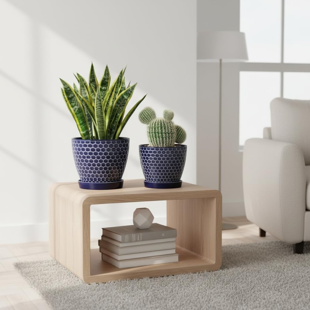 Docrin Blue Honeycomb Ceramic Plant Pot Set - 6.6"+5.5" Inch, Modern Decorative Planters with Drainage Holes & Saucers