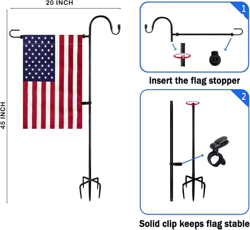 JRED Garden Flag Stand with American Garden Flags 12x18 Inch, Shepherd Hook Yard Flag Holder Pole with Clips and