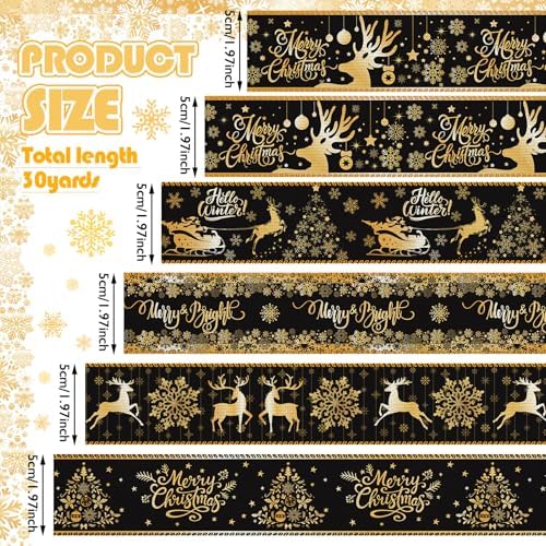 Wavyknot 6 Rolls Christmas Wired Edge Ribbon 2 Inch x 30 Yards Black Gold