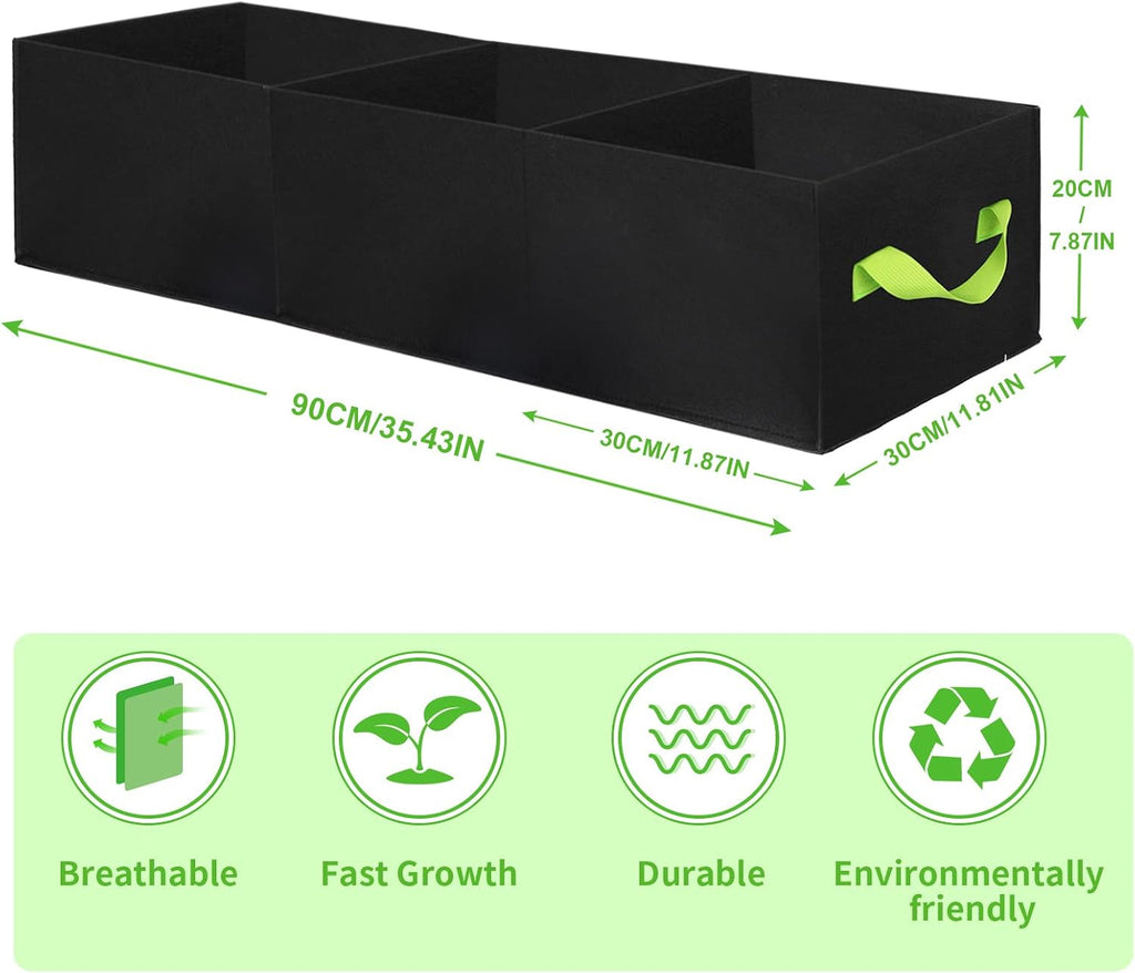 ANGELIOX 2Pcs Grow Bags, 3-Grids Rectangle Grow Bag,14 Gallon Thickened 400G Fabric Garden Bed, Nonwoven Square Flower