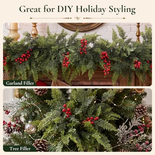 24 Artificial Christmas Cedar Branches, 17.5", with 6 Red Berry Picks