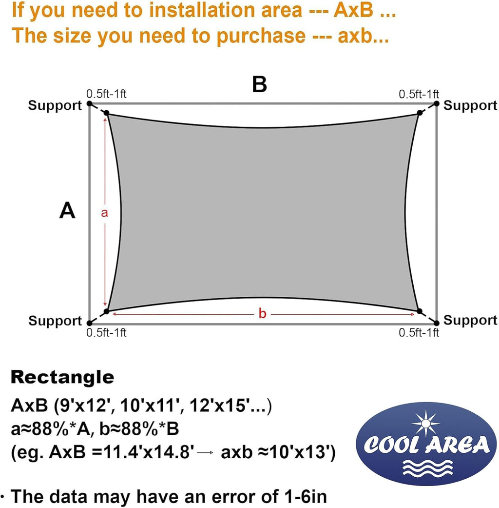 Cool Area Sun Shade Sail for Patio Backyard, Rectangle 12x16ft, Dark Grey | 95% UV Protection. 85%-90% Shading Rate.