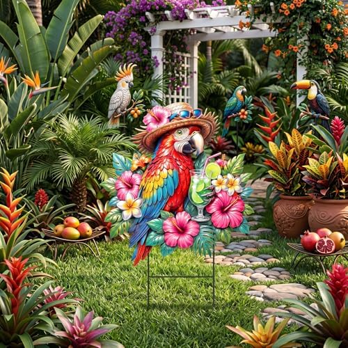 Amyhill Tropical Outdoor Decor 2026vbs Parrot Metal Garden Stakes 25 Inch Jungle Leaves Welcome Yard Signs Decorative Garden Stakes for Patio Lawn Walkway Backyard Porch Luau Rainforest Party Supplies