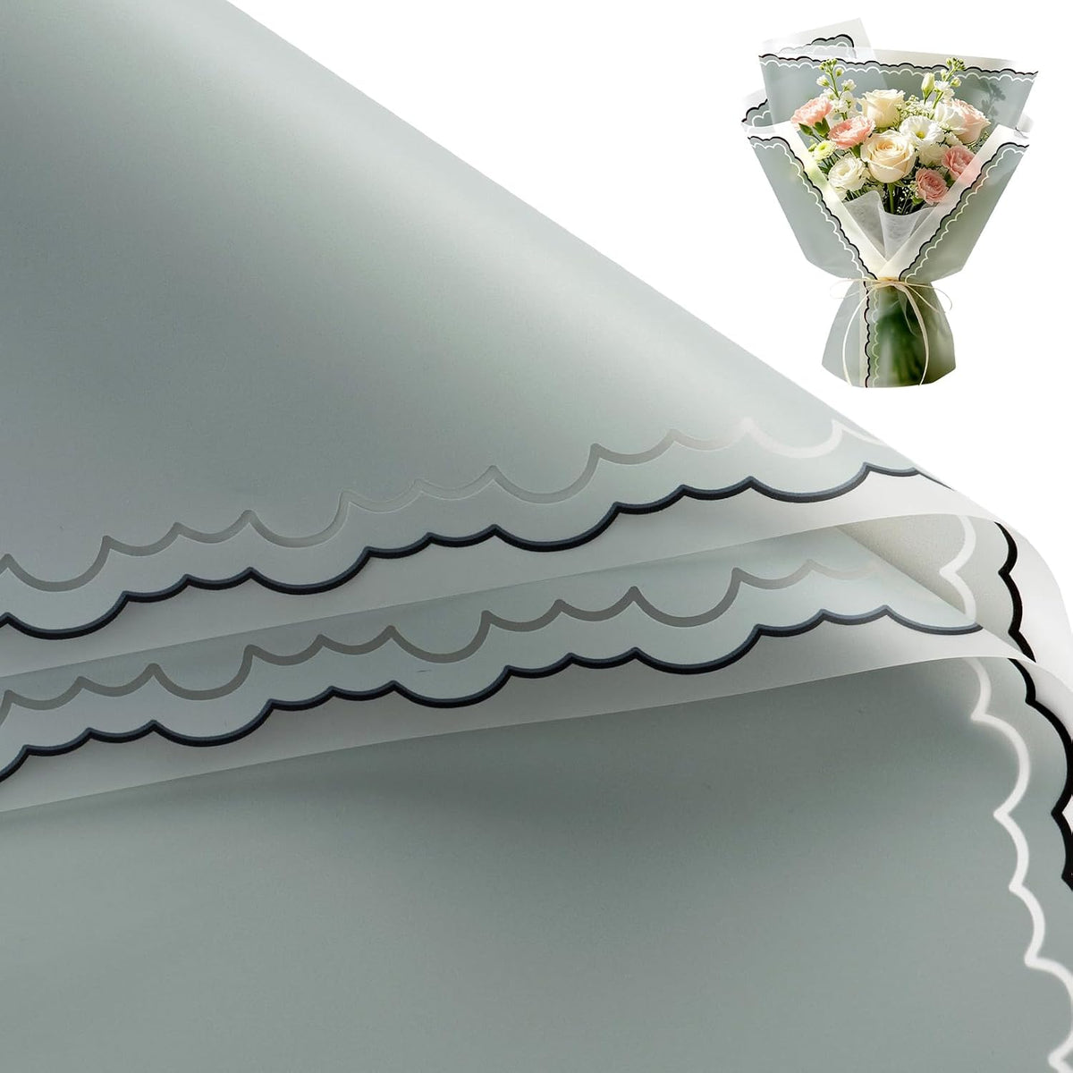WRAPAHOLIC 20 Sheets Grey Flower Wrapping Paper - 22.4 x 22.4 inch Light Grey and Wavy Edge Design Water-Resistant Floral Bouquet Wrapping Paper, Florist Supplies Packaging for Anniversary and Birthday Gift DIY
