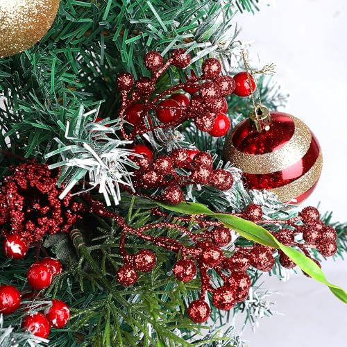 CCINEE 24 Pack Christmas Artificial Red Berry Stems,6.9 Inch Xmas Red Glitter Berry Picks Holly Branches for Christmas Tree Ornaments Xmas Wreath DIY Crafts Home Holiday Decor