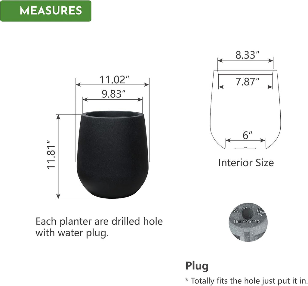 11.8" H Plastic Matte textured Black Planters with Drainage Holes and Plug | Indoor/Outdoor Use, UV/Weatherproof