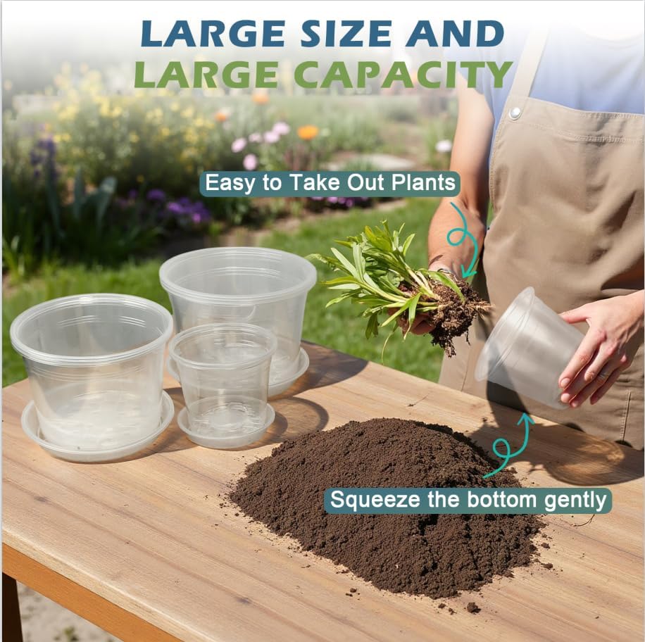 6/8/10 Inch Large Size Clear Nursery Pots with Drainage and Saucers, 9 Pack Plastic Plant Pots for Seedling Starter
